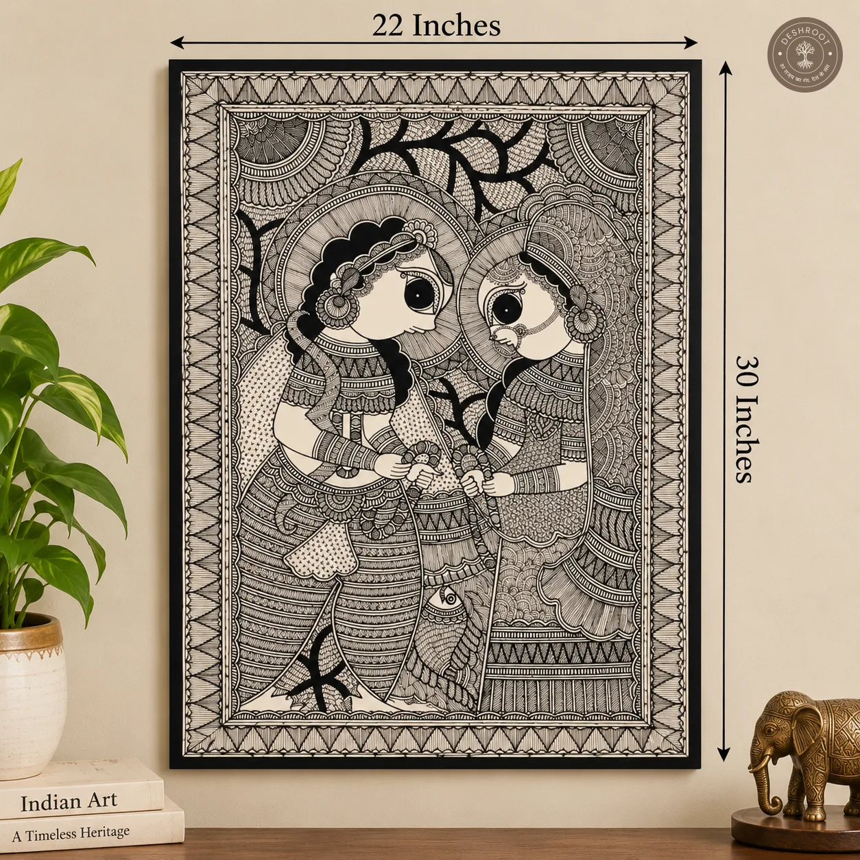 Radha Krishna Madhubani Wall Art – Handmade Indian Folk Painting on Canvas