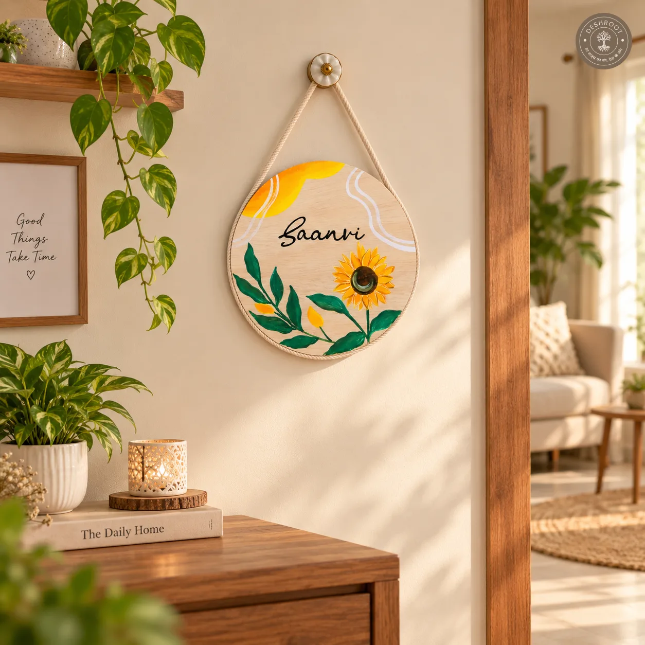 Hand-Painted Sunflower Bloom Pine Wood Nameboard