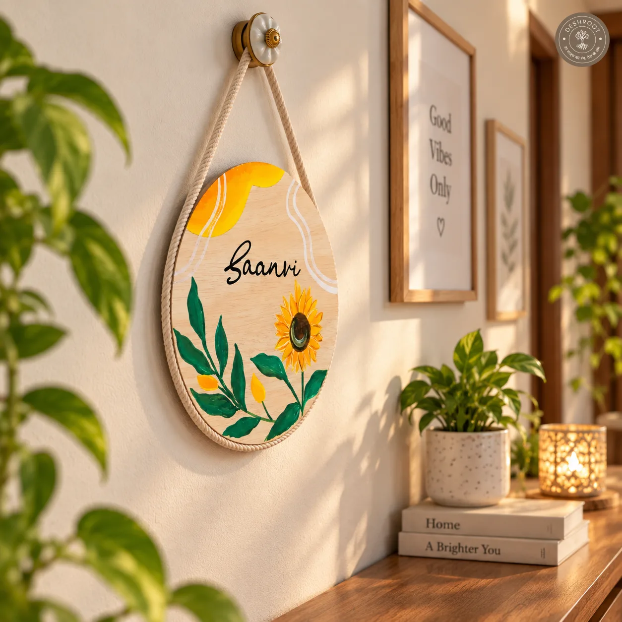 Hand-Painted Sunflower Bloom Pine Wood Nameboard