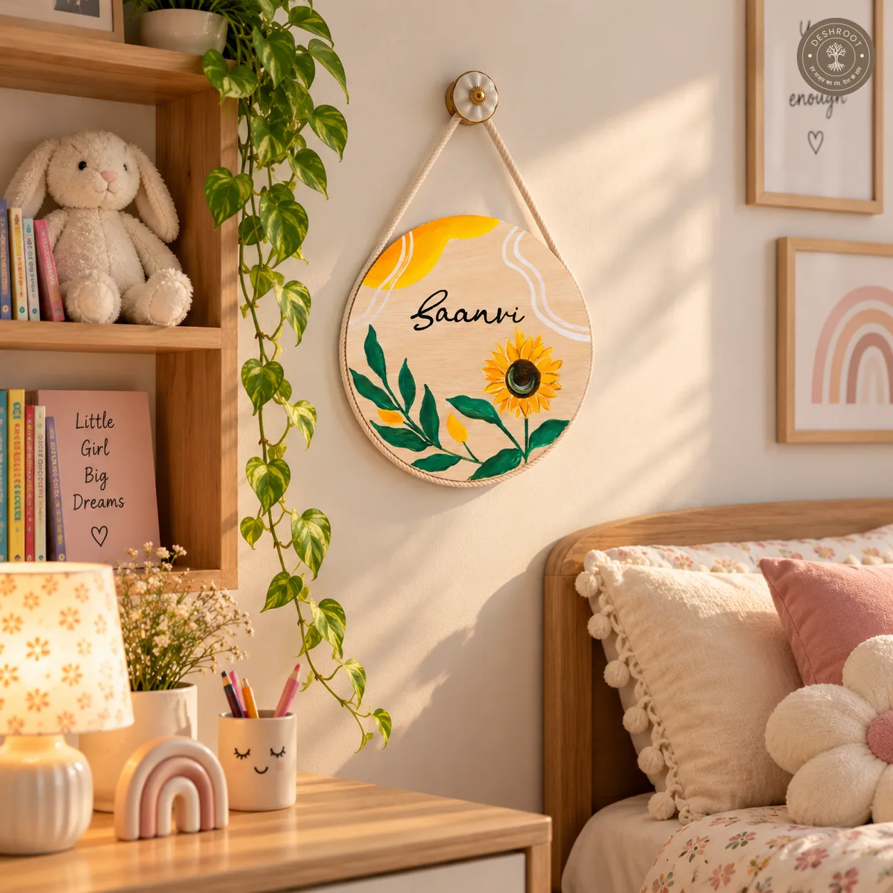 Hand-Painted Sunflower Bloom Pine Wood Nameboard