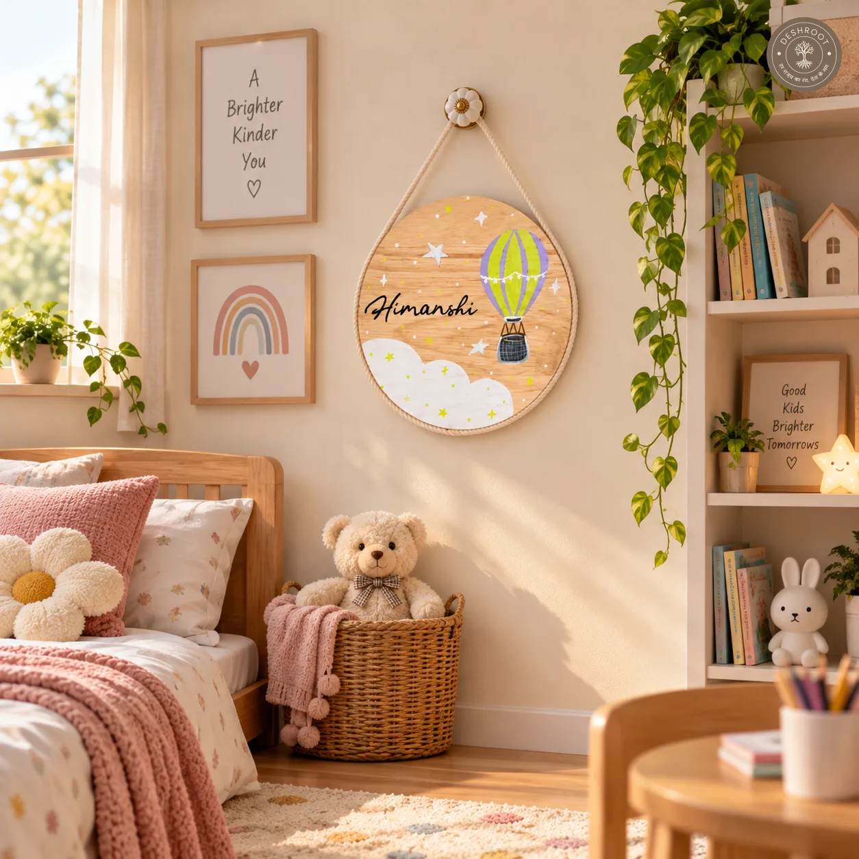 Hand-Painted Hot Air Balloon Dreams Pine Wood Nameboard