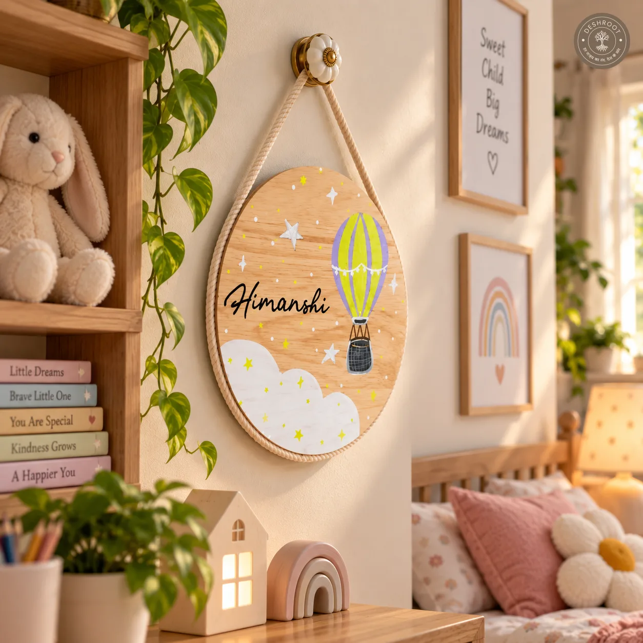 Hand-Painted Hot Air Balloon Dreams Pine Wood Nameboard