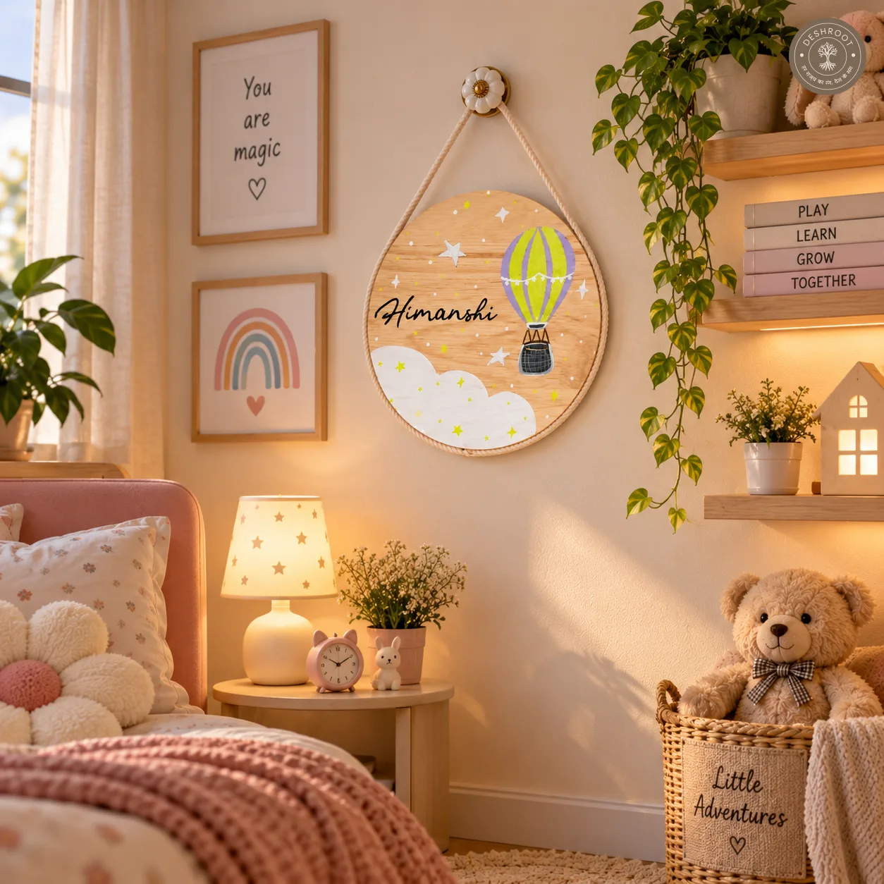 Hand-Painted Hot Air Balloon Dreams Pine Wood Nameboard