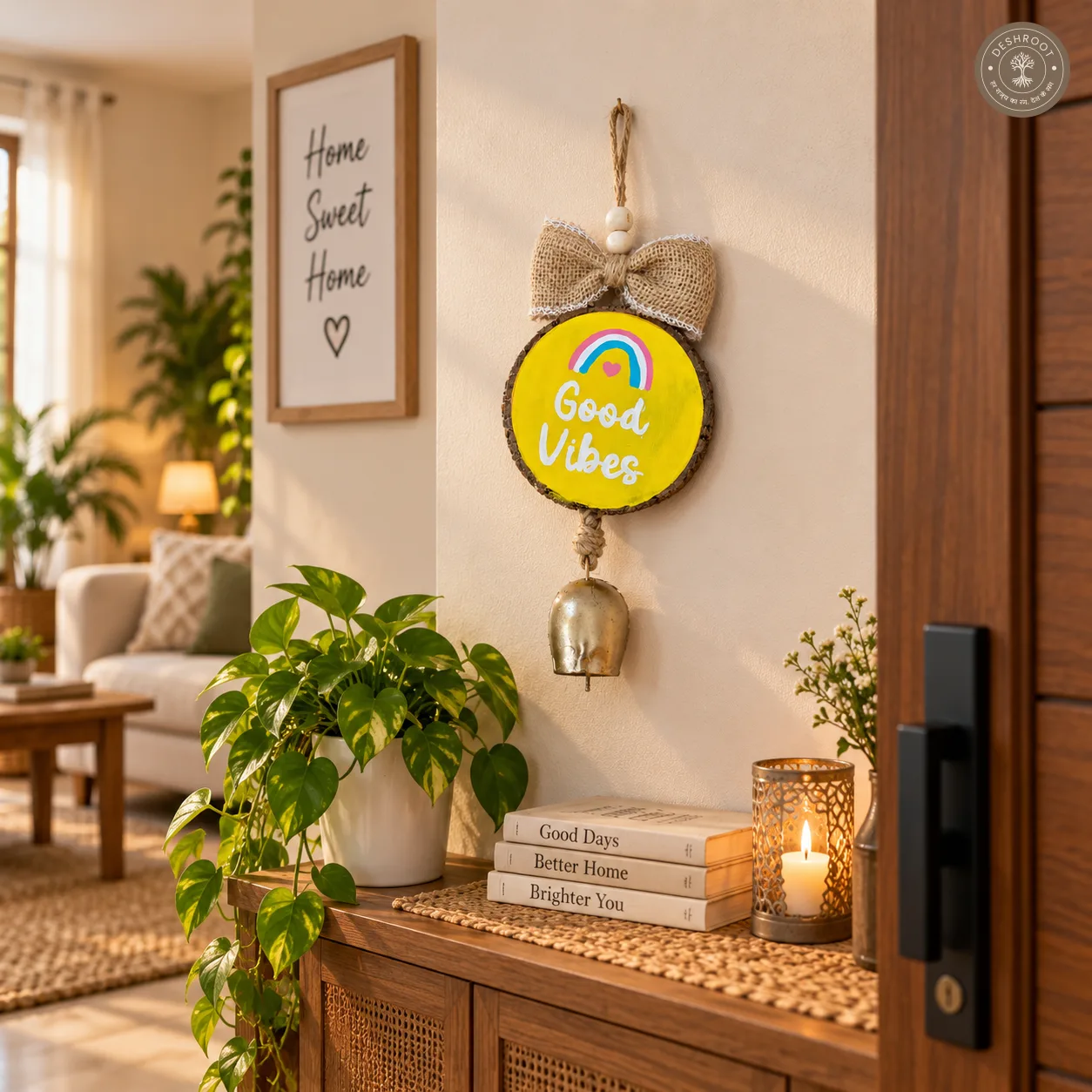 Good Vibes wall hanging with bell
