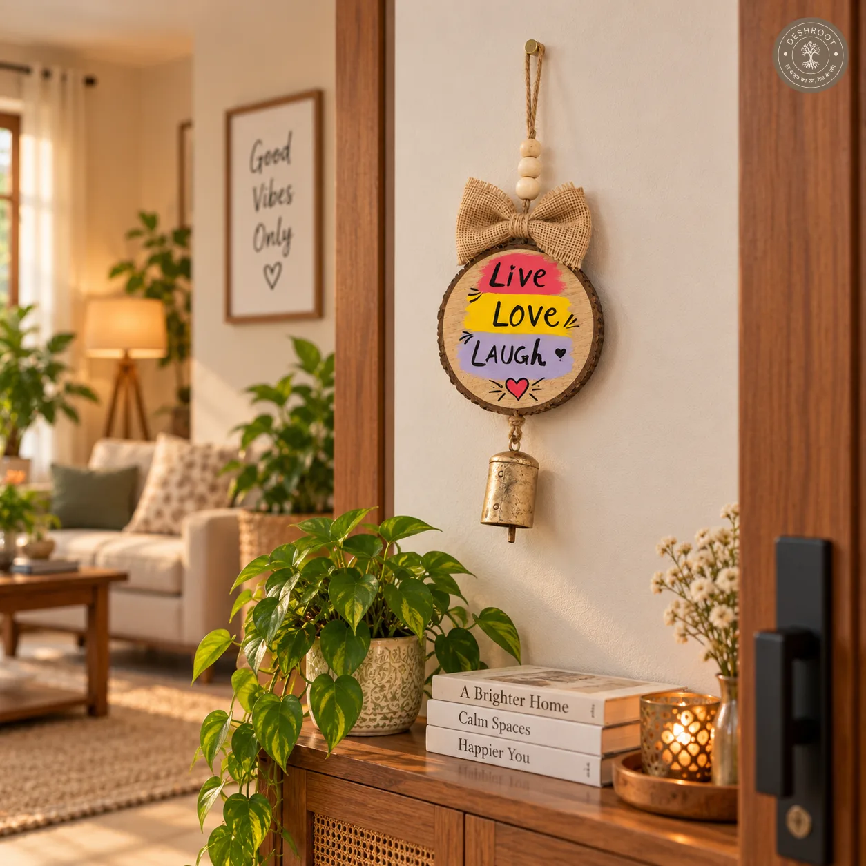 Wood slice wall hanging- Live love Laugh with bell