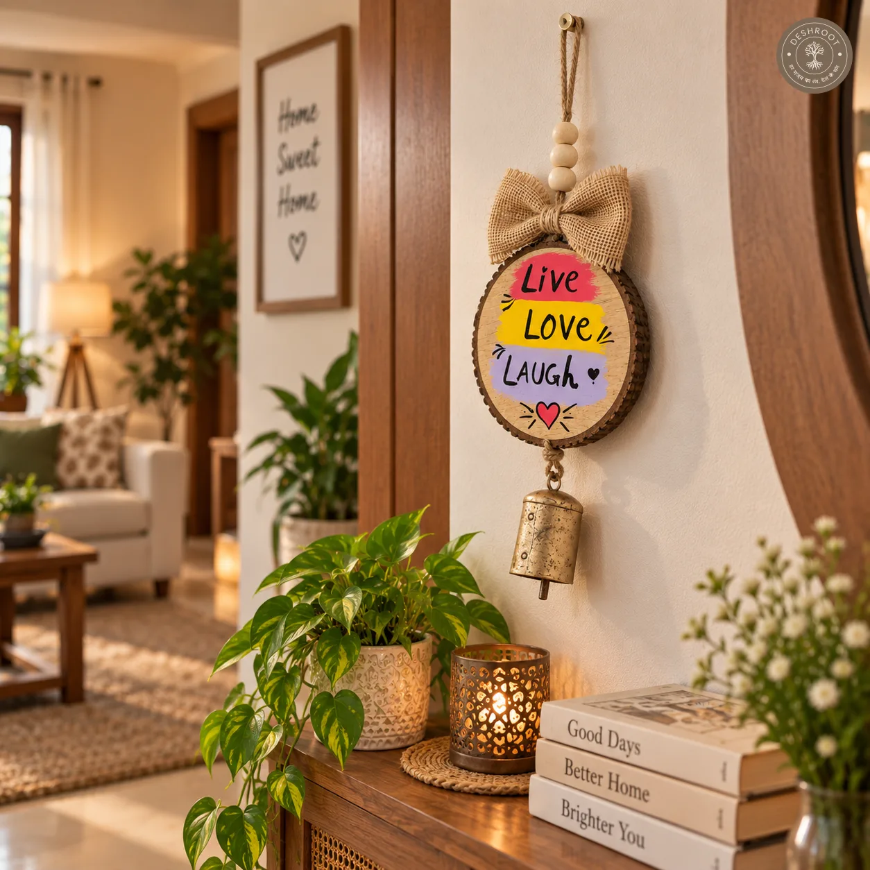 Wood slice wall hanging- Live love Laugh with bell