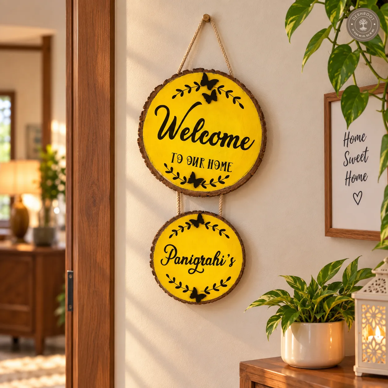 Wood slice home nameplate- Welcome to our home