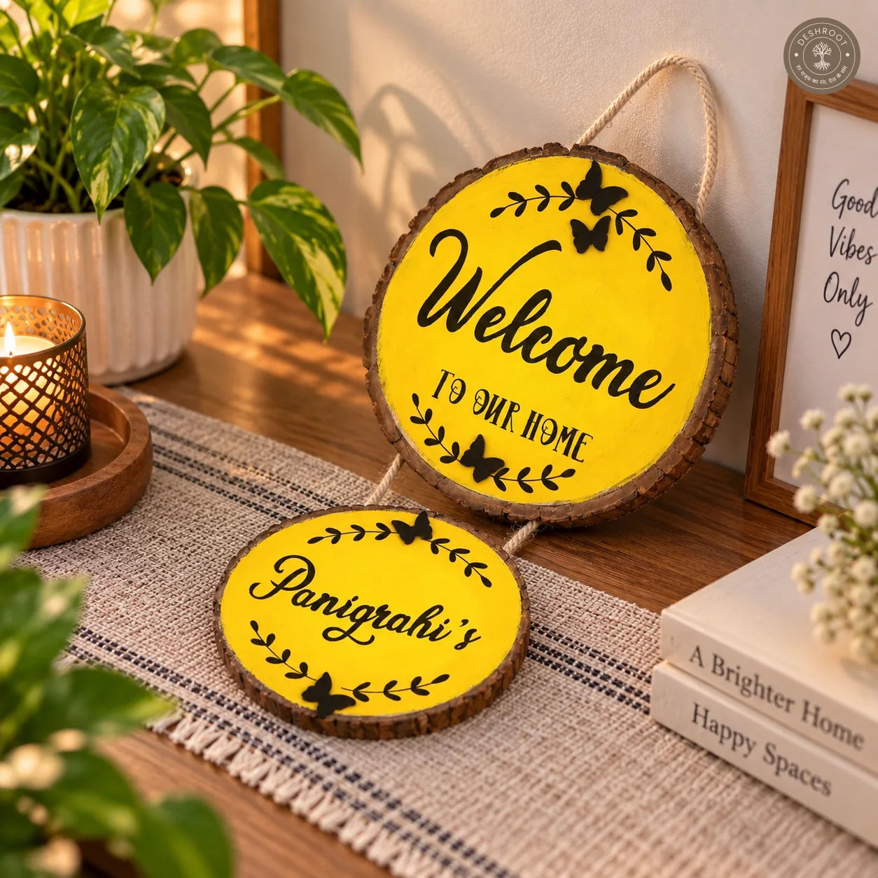 Wood slice home nameplate- Welcome to our home