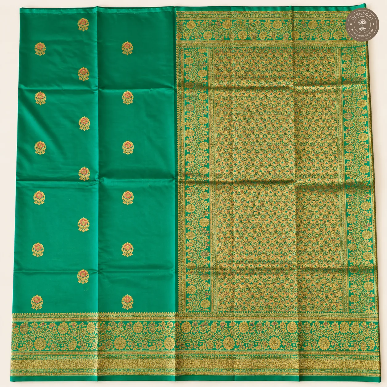 Katan Silk Banarasi Saree – Emerald Green with Gold Zari Butis & Intricate Floral Zari Border