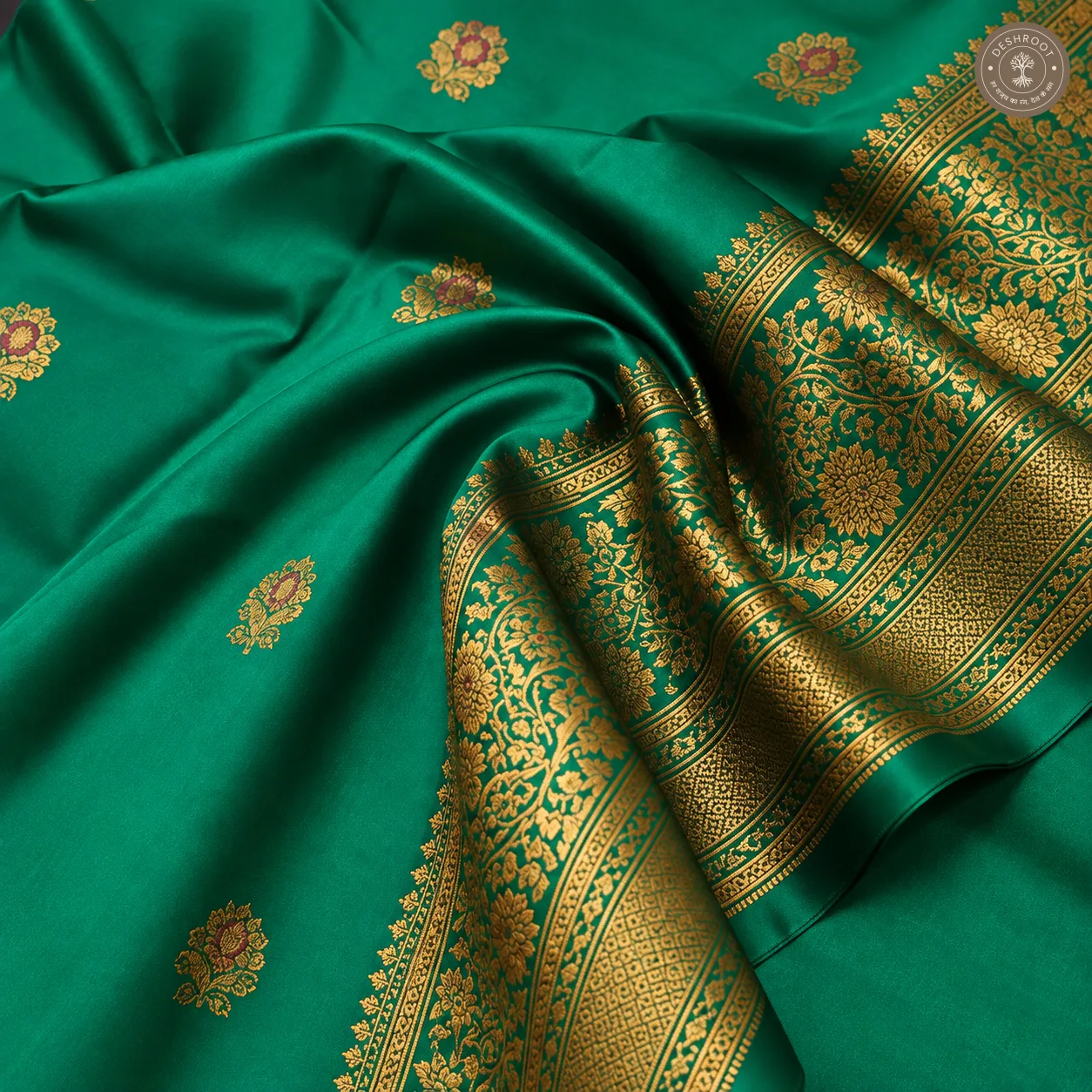 Katan Silk Banarasi Saree – Emerald Green with Gold Zari Butis & Intricate Floral Zari Border