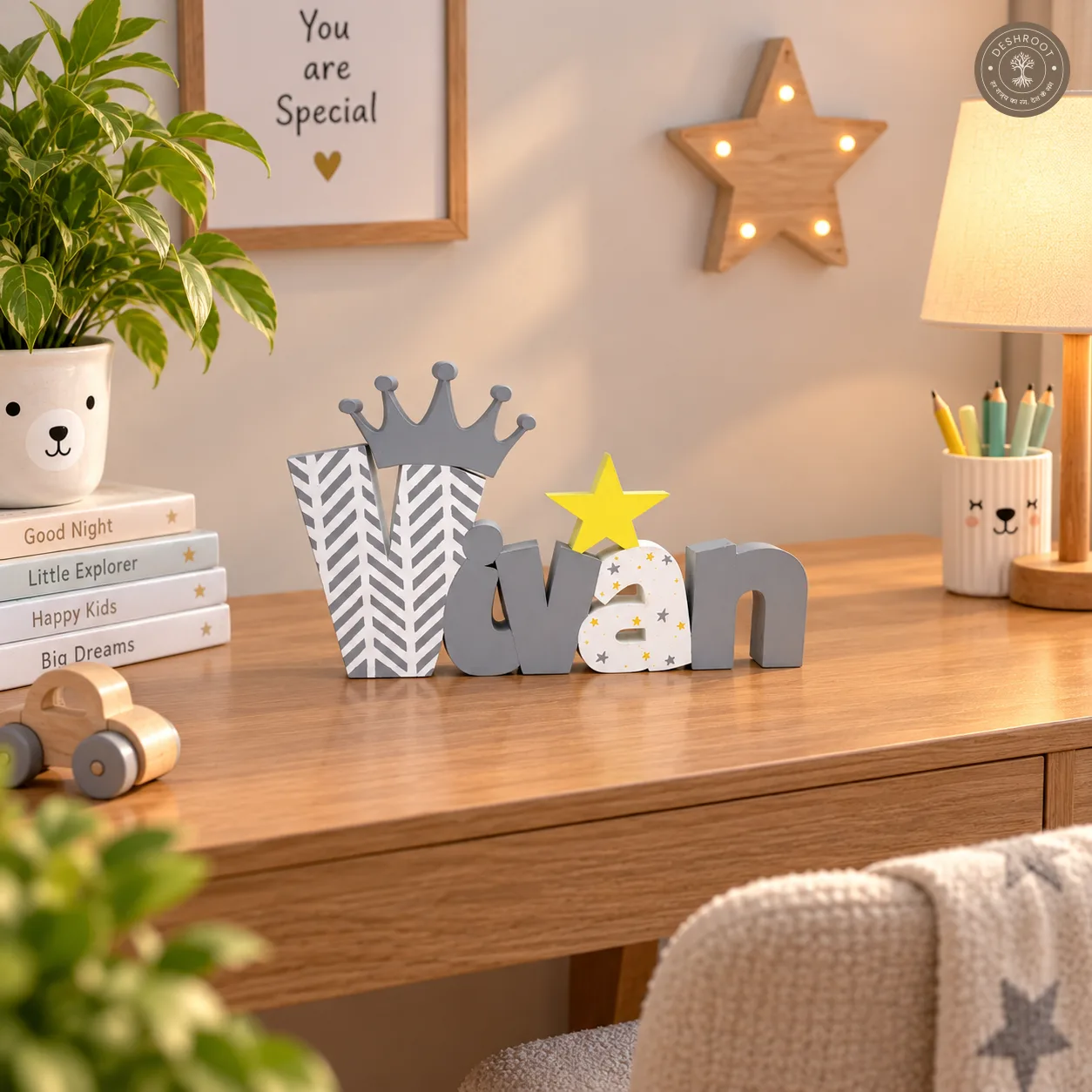 Free standing name sign with crown & star
