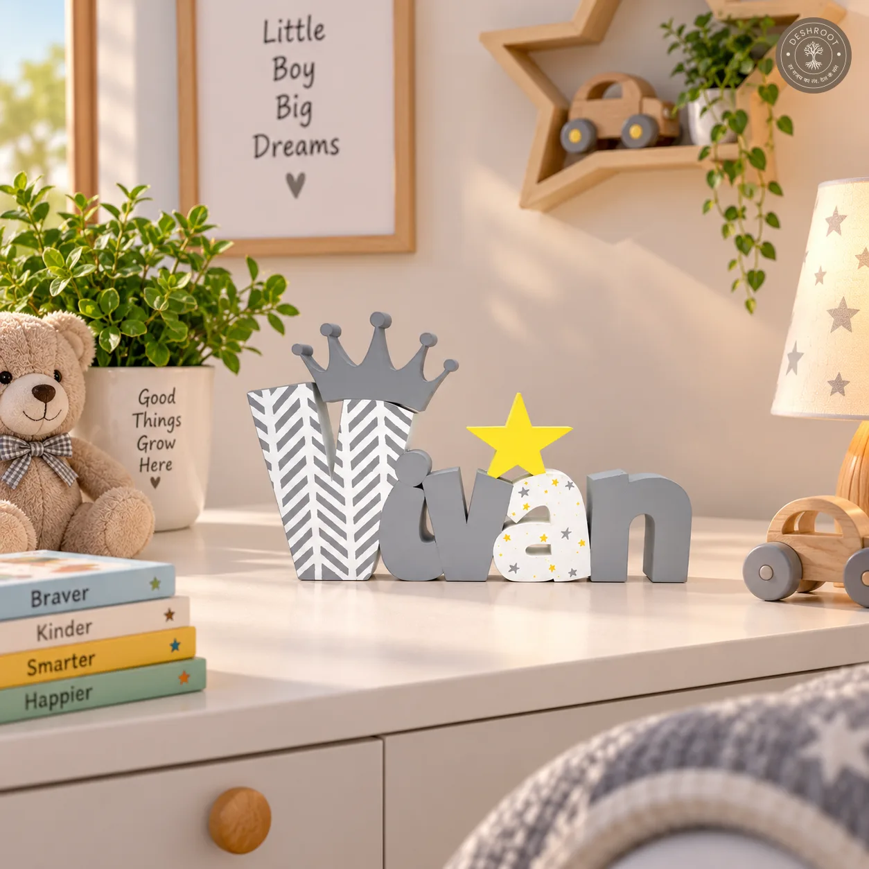 Free standing name sign with crown & star