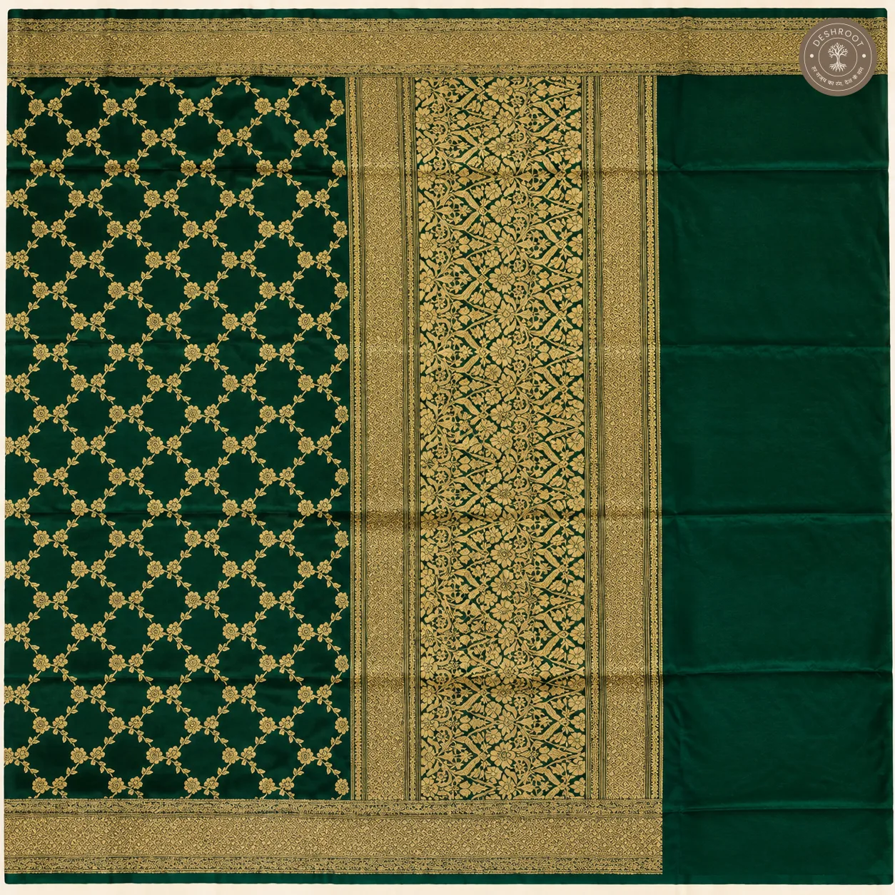 Kattan Silk Banarasi Dupatta – Emerald Green Jaal with Intricate Gold Zari Floral Weaving