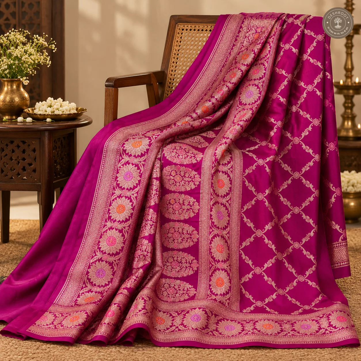 Chinya Silk Banarasi Dupatta – Rich Magenta Jaal with Intricate Floral Zari Weaving