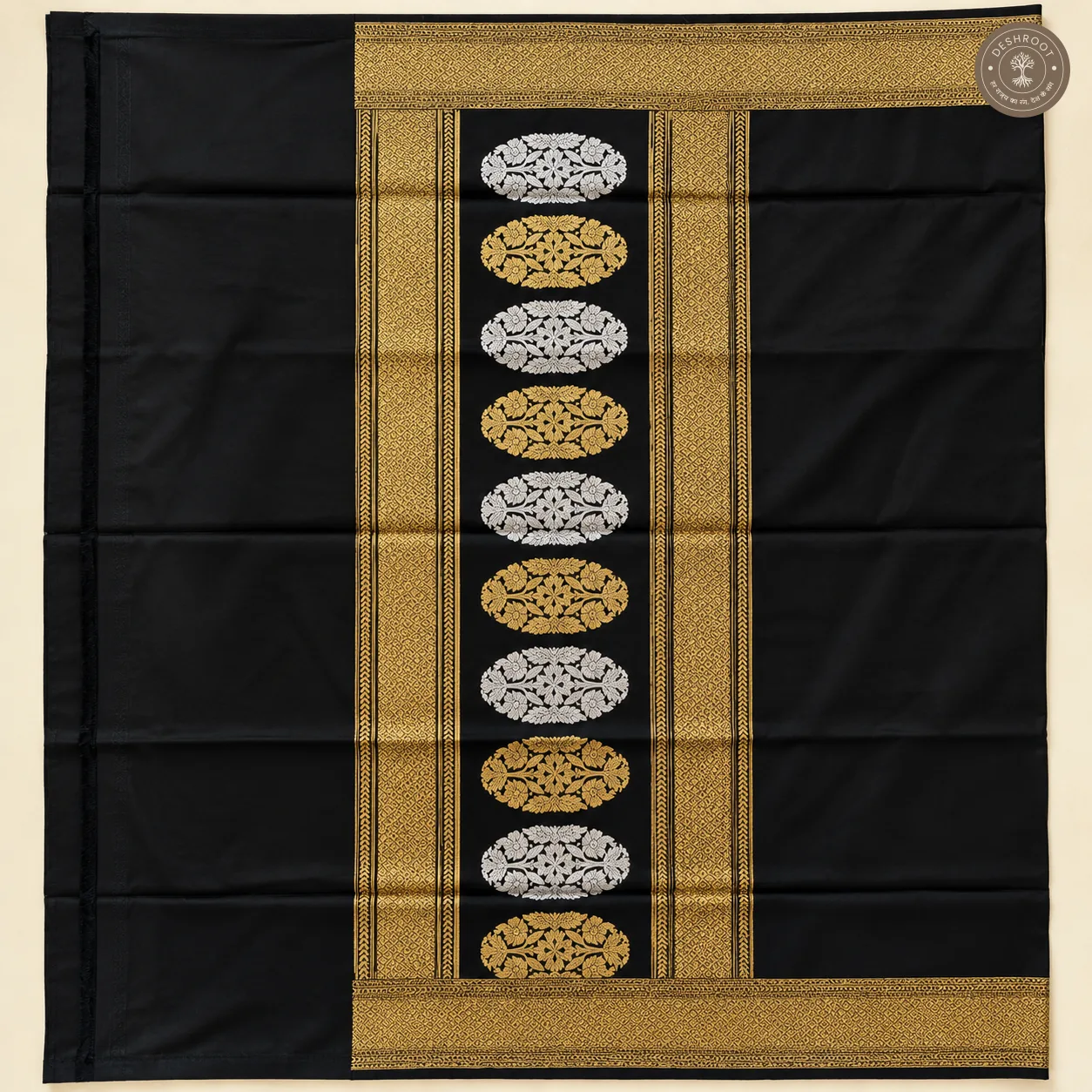 Katan Silk Banarasi Dupatta – Black with Gold & Silver Floral Zari Motifs and Woven Borders