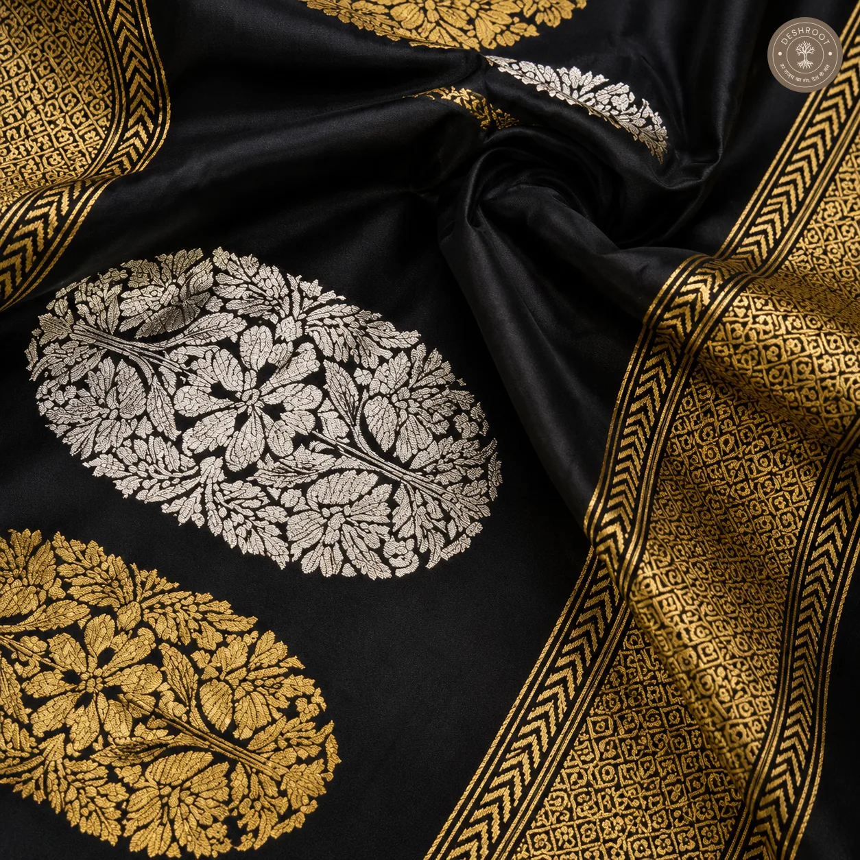 Katan Silk Banarasi Dupatta – Black with Gold & Silver Floral Zari Motifs and Woven Borders