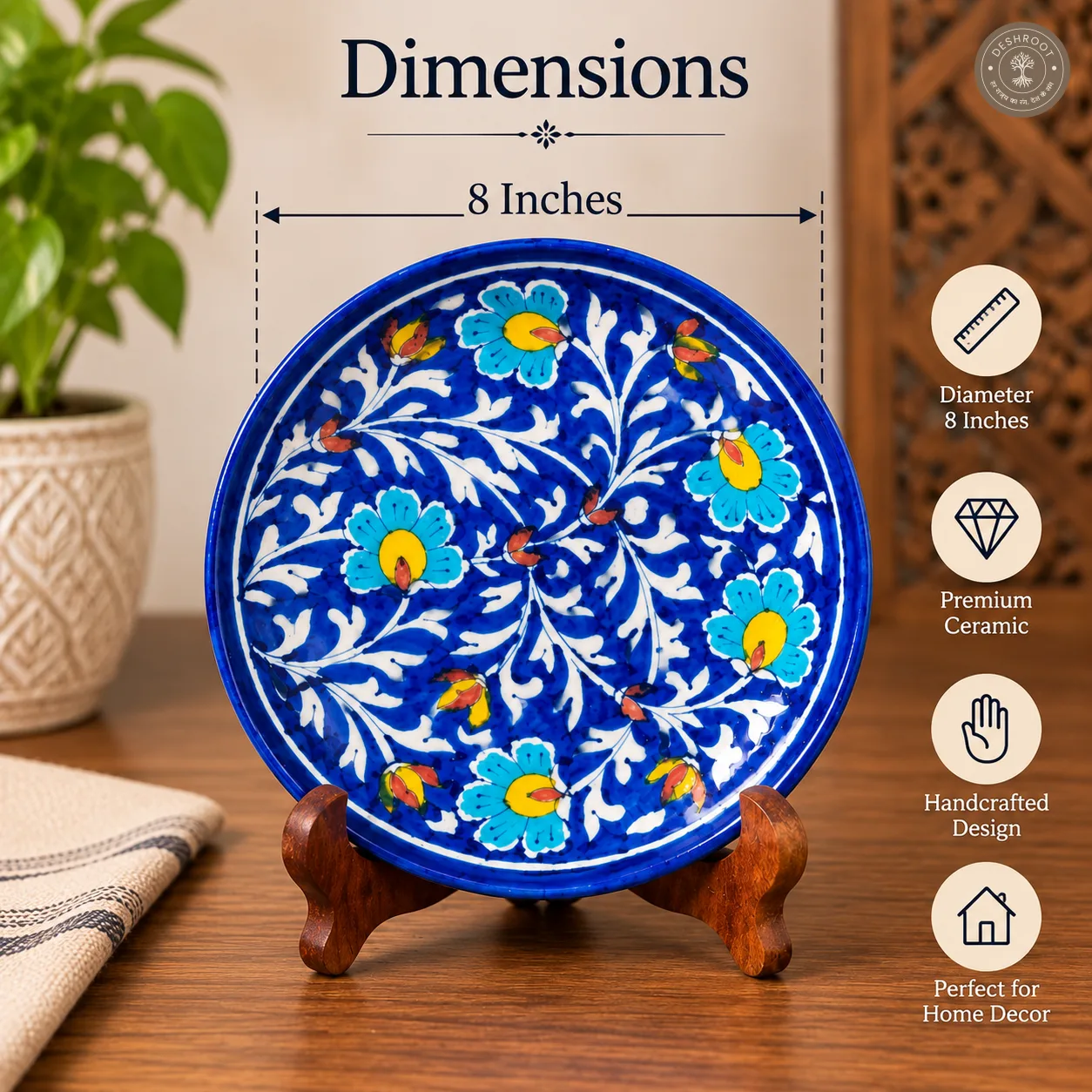Handcrafted Jaipur Blue Pottery Decorative Ceramic Plate