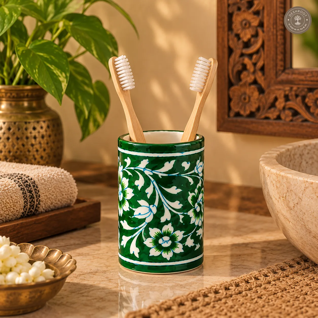 Handcrafted Jaipur Blue Pottery Bathroom Accessories Set