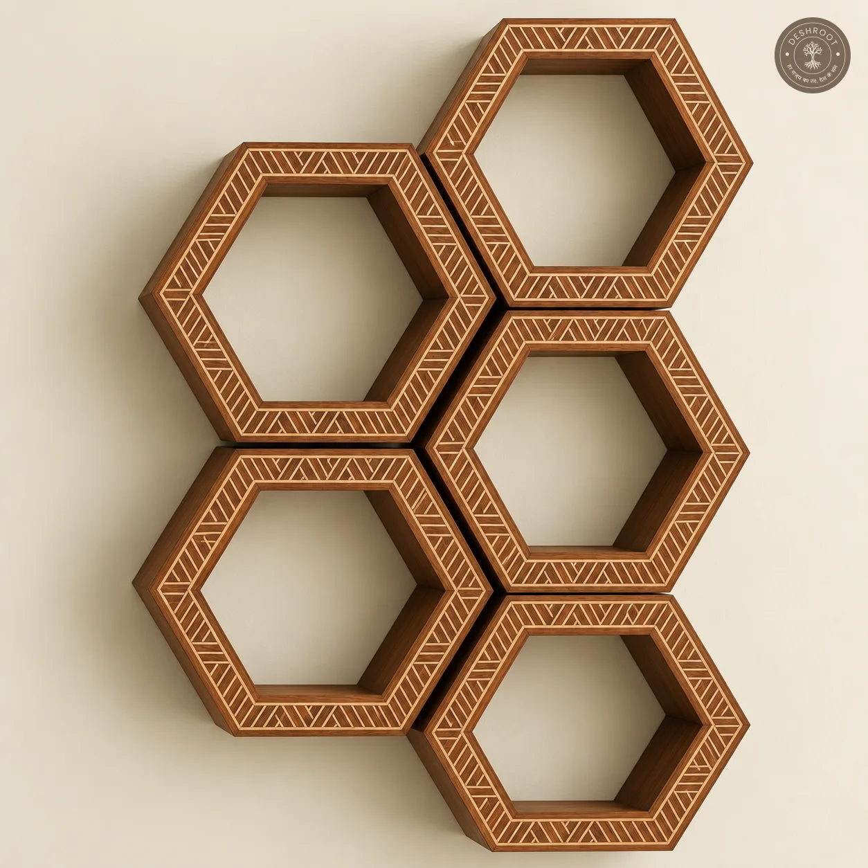 Hexa Haven Wooden Wall Shelf Set