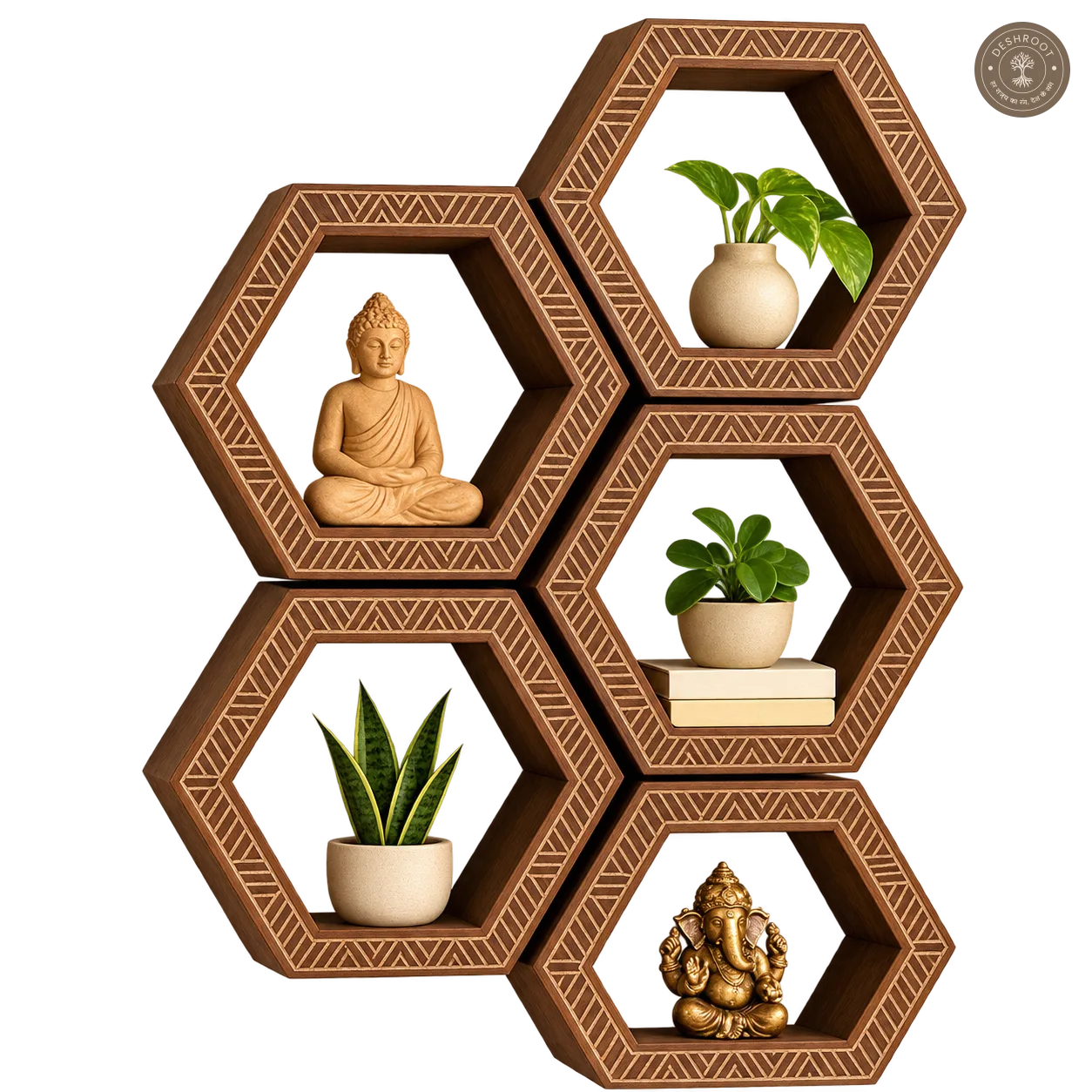 Hexa Haven Wooden Wall Shelf Set