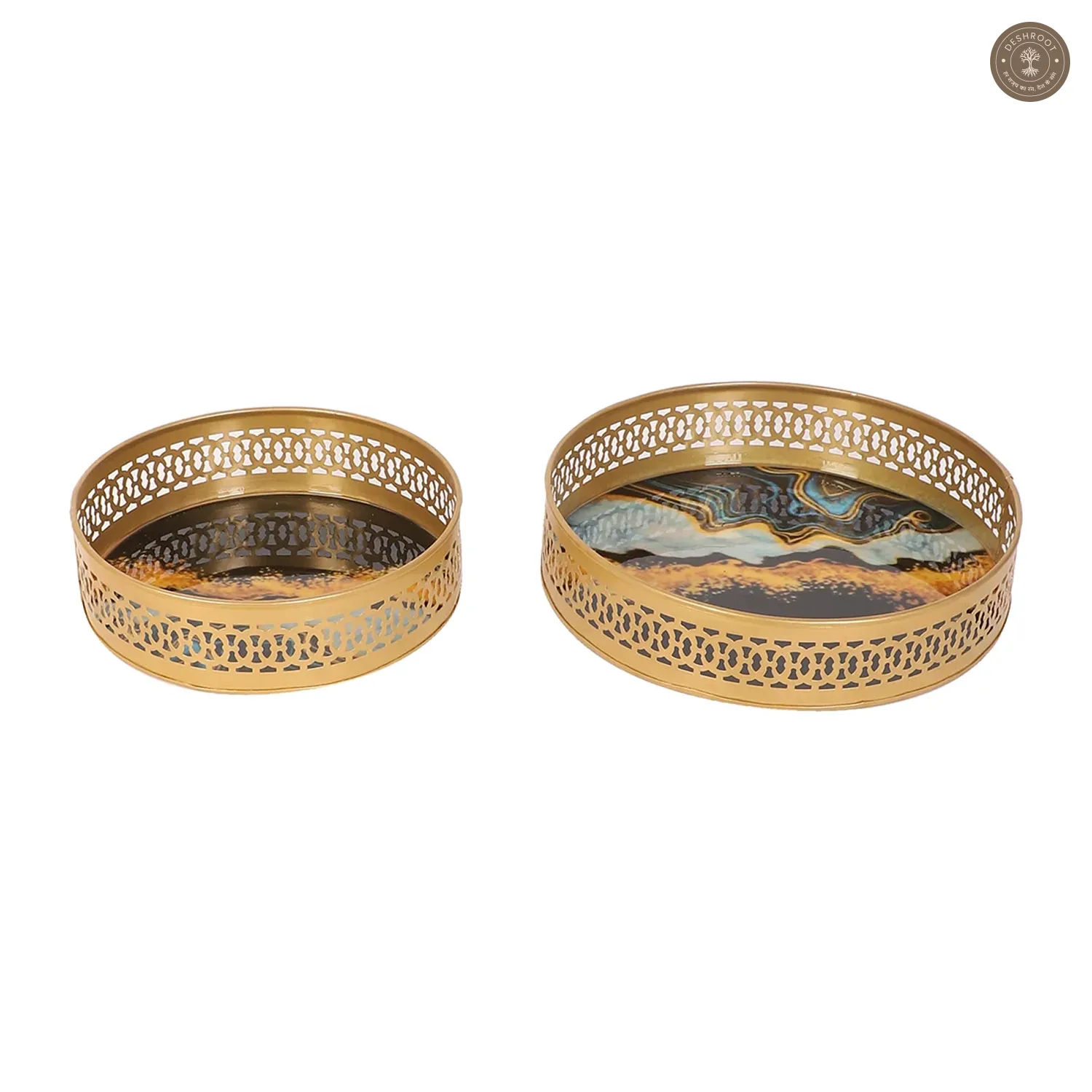 Round Blue & Black Metal Meeena Tray Set of 2