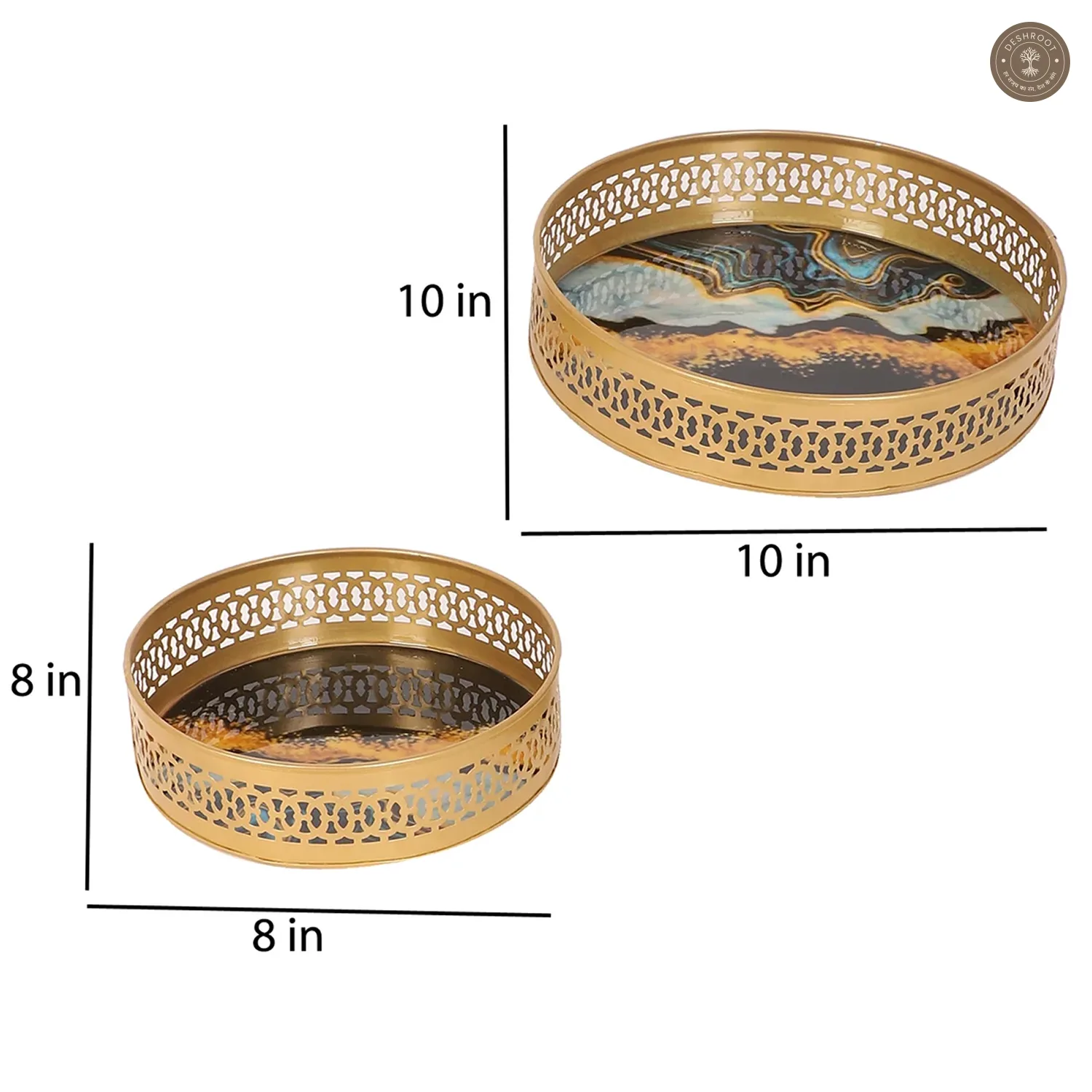 Round Blue & Black Metal Meeena Tray Set of 2