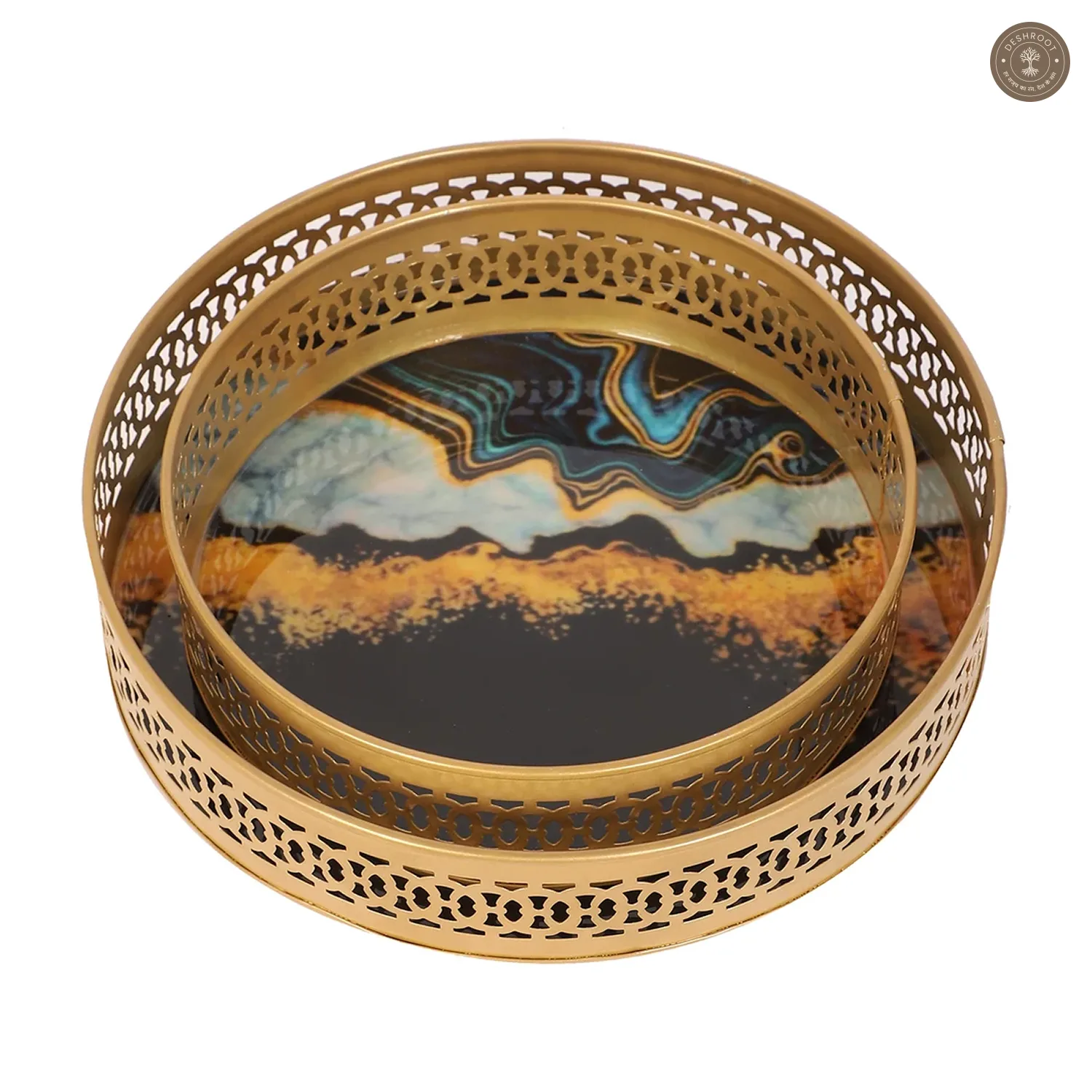 Round Blue & Black Metal Meeena Tray Set of 2