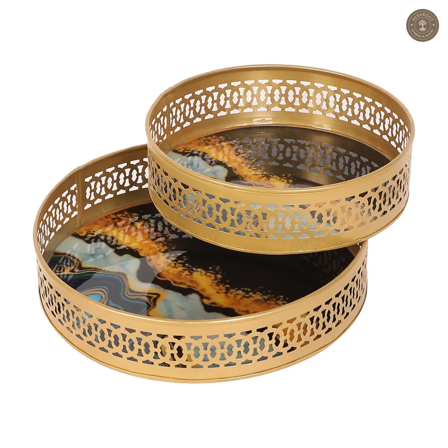 Round Blue & Black Metal Meeena Tray Set of 2