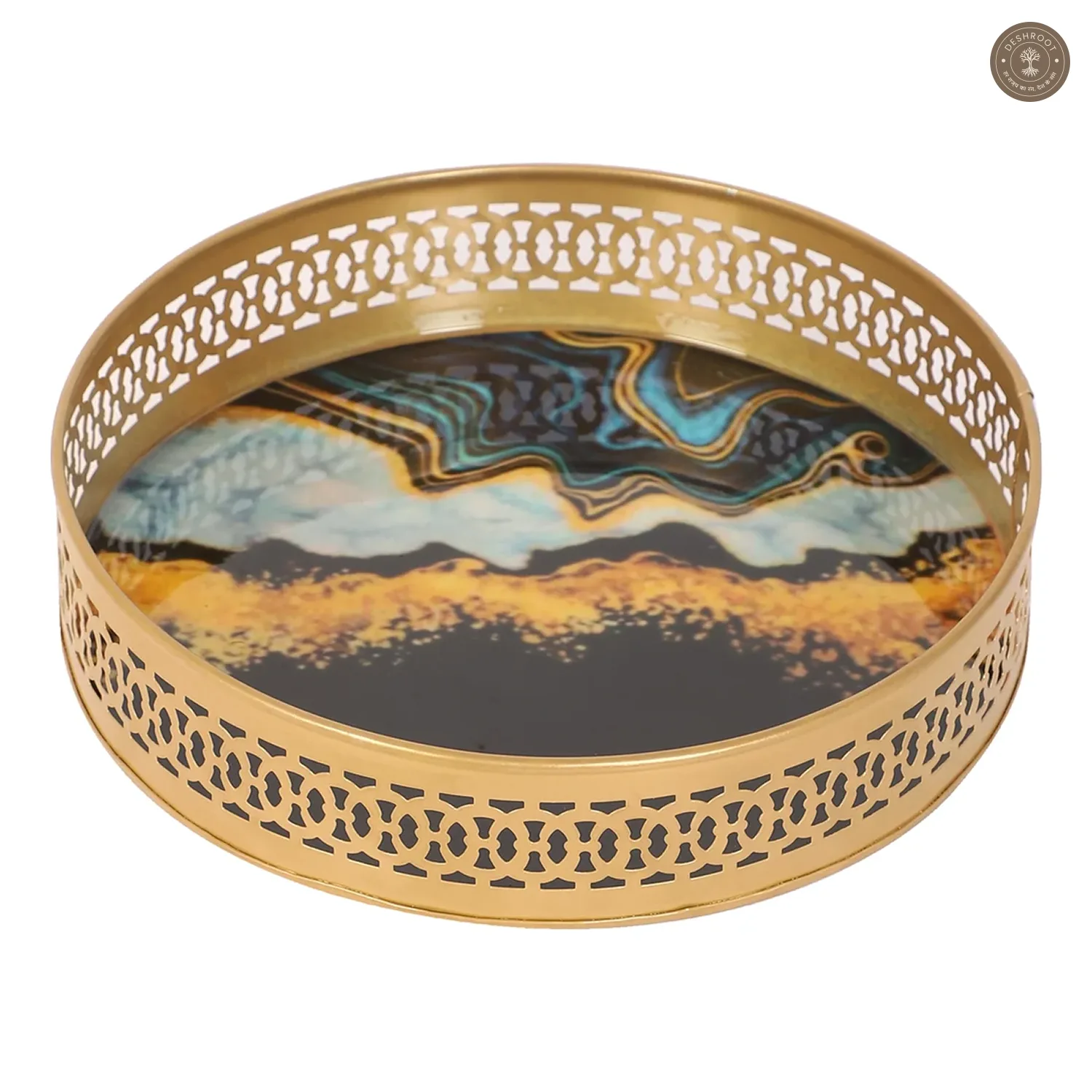 Round Blue & Black Metal Meeena Tray Set of 2