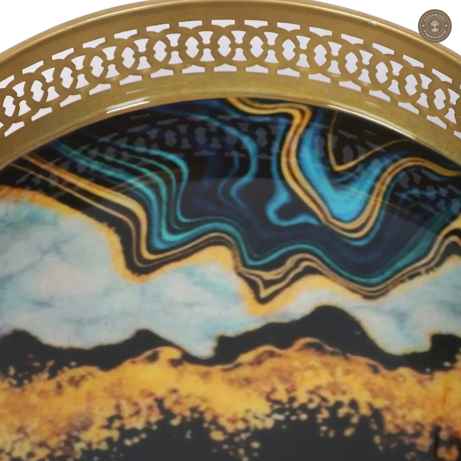 Round Blue & Black Metal Meeena Tray Set of 2