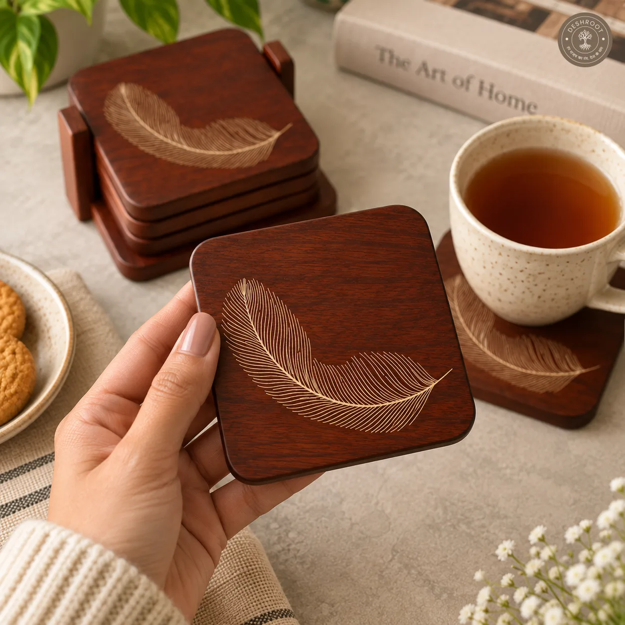 Feather Grace Handcrafted Wooden Coaster
