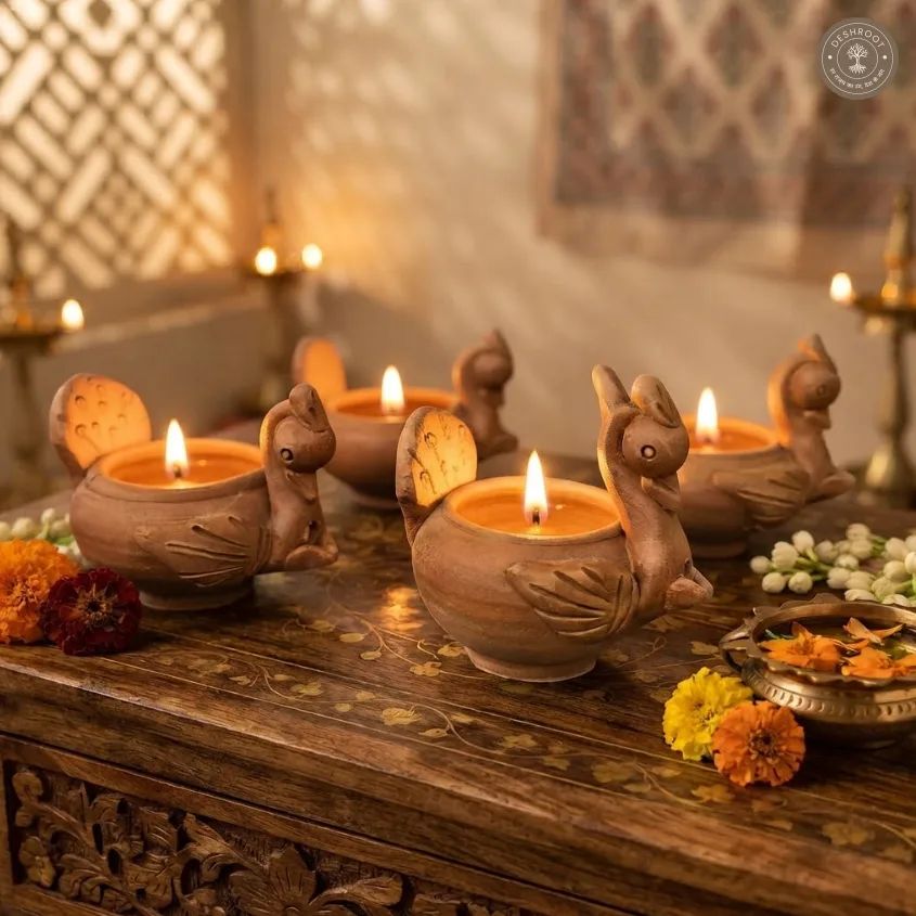Terracotta Peacock Diya Set of 4 – Handcrafted Traditional Clay Décor