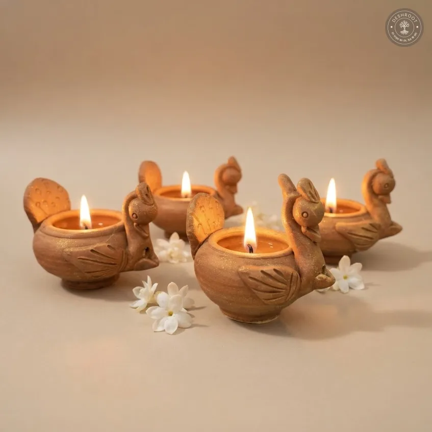 Terracotta Peacock Diya Set of 4 – Handcrafted Traditional Clay Décor