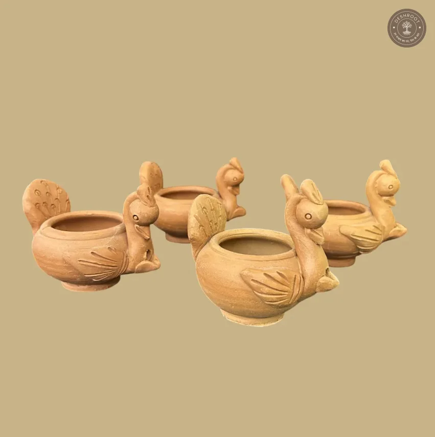 Terracotta Peacock Diya Set of 4 – Handcrafted Traditional Clay Décor