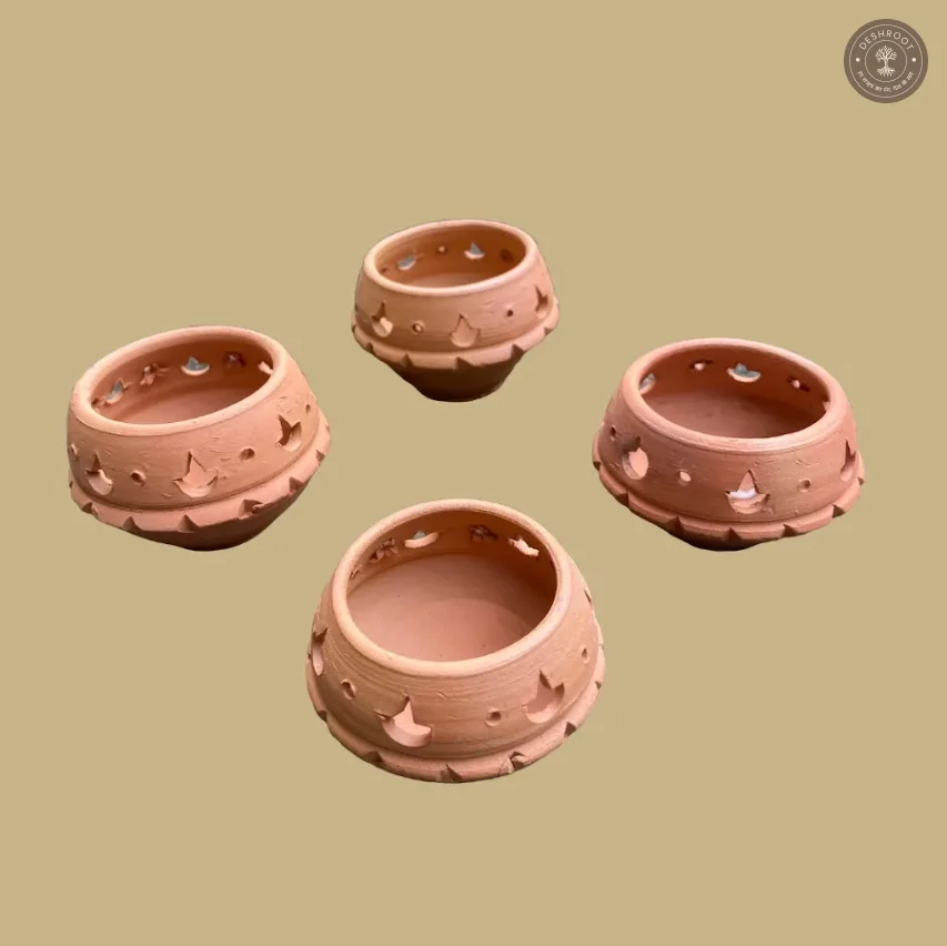 Terracotta Cut Diya Set of 4 – Handcrafted Clay Diwali Diyas