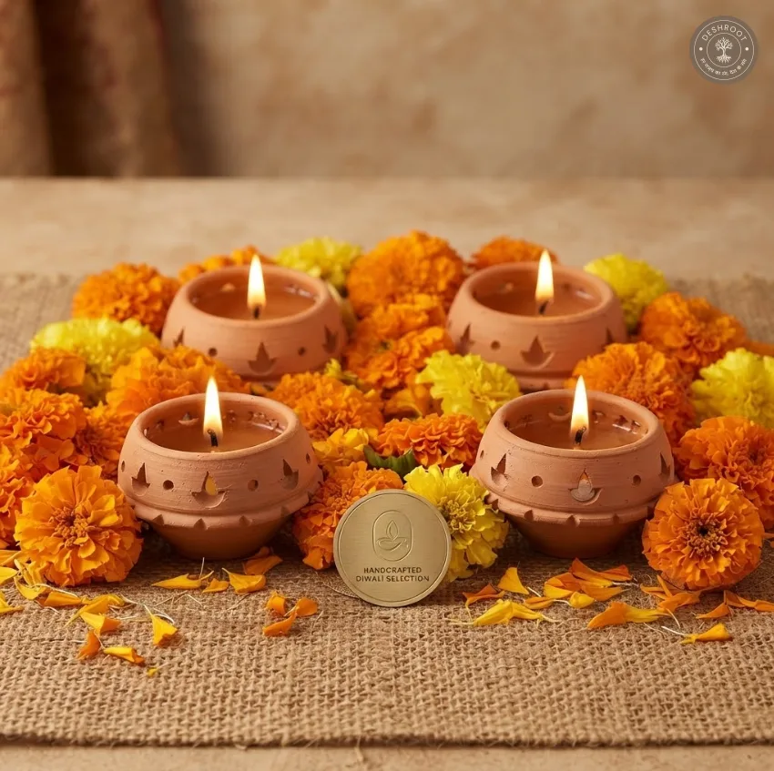 Terracotta Cut Diya Set of 4 – Handcrafted Clay Diwali Diyas