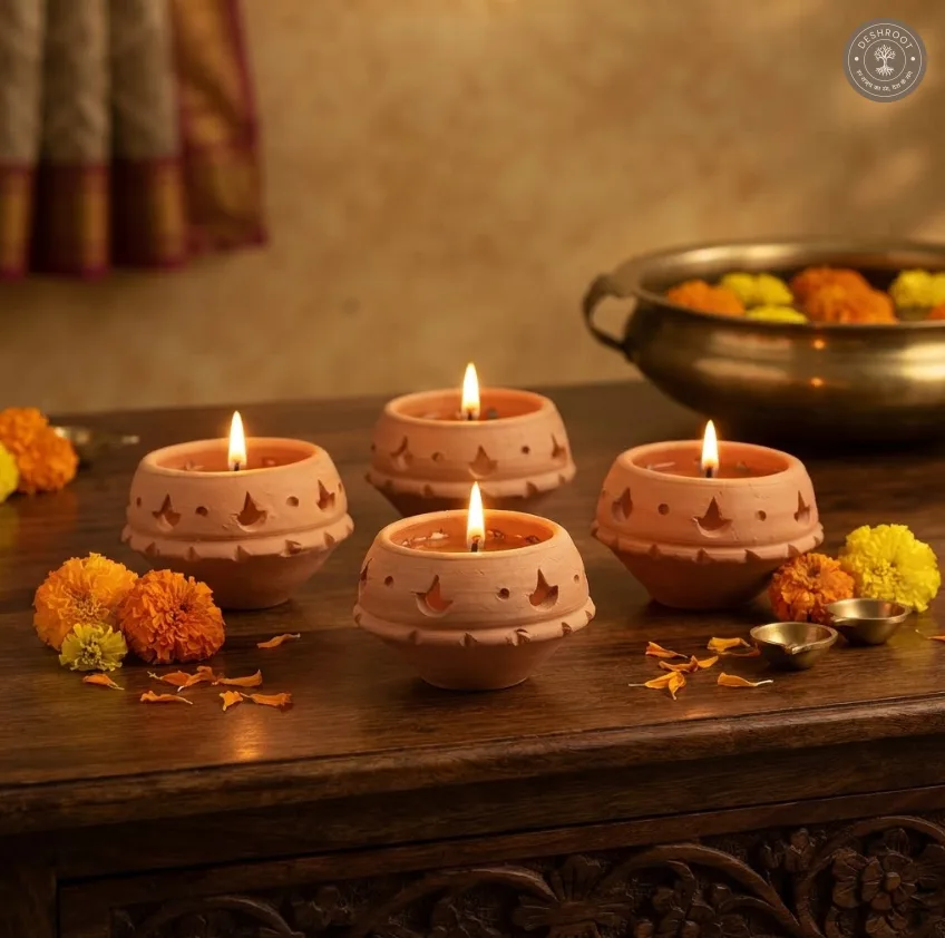 Terracotta Cut Diya Set of 4 – Handcrafted Clay Diwali Diyas