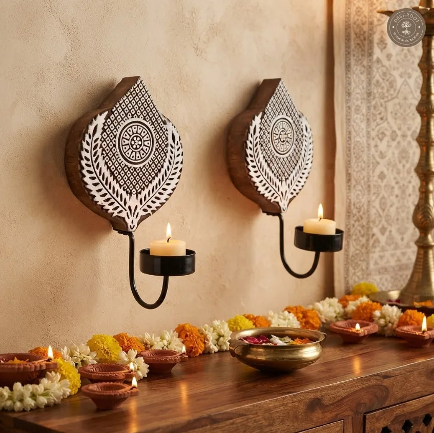 Block Wall Diya Mughal Pair – Handcrafted Wooden Wall Décor