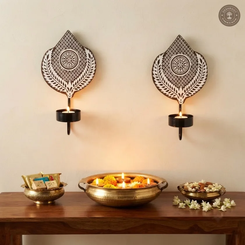 Block Wall Diya Mughal Pair – Handcrafted Wooden Wall Décor