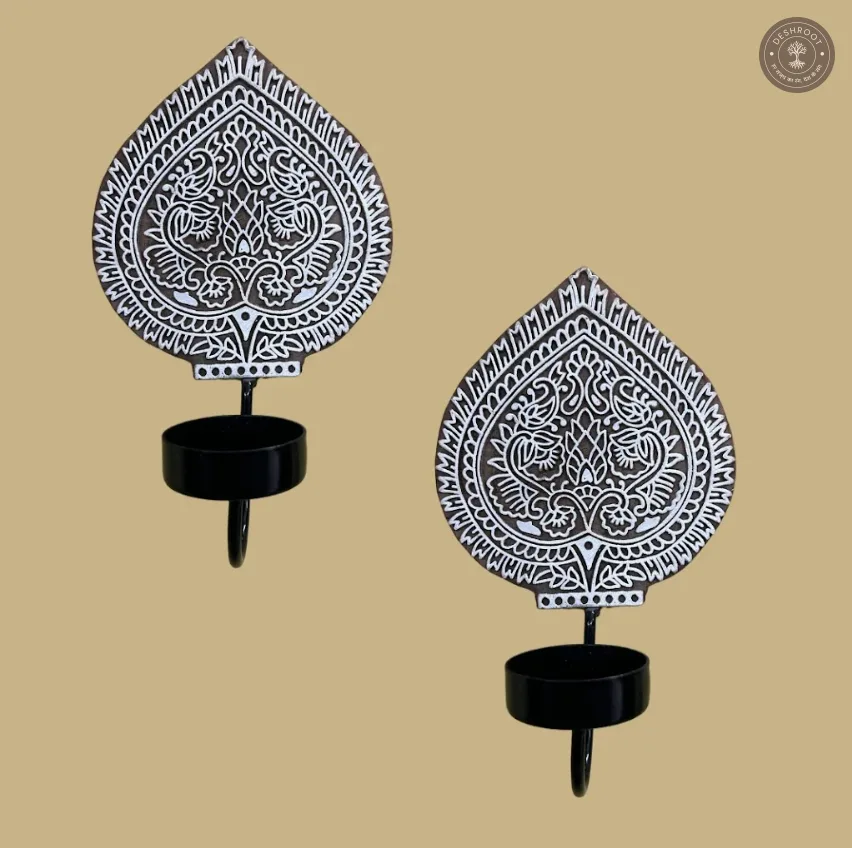 Block Wall Diya Pan Leaf Pair – Handcrafted Wooden Wall Décor