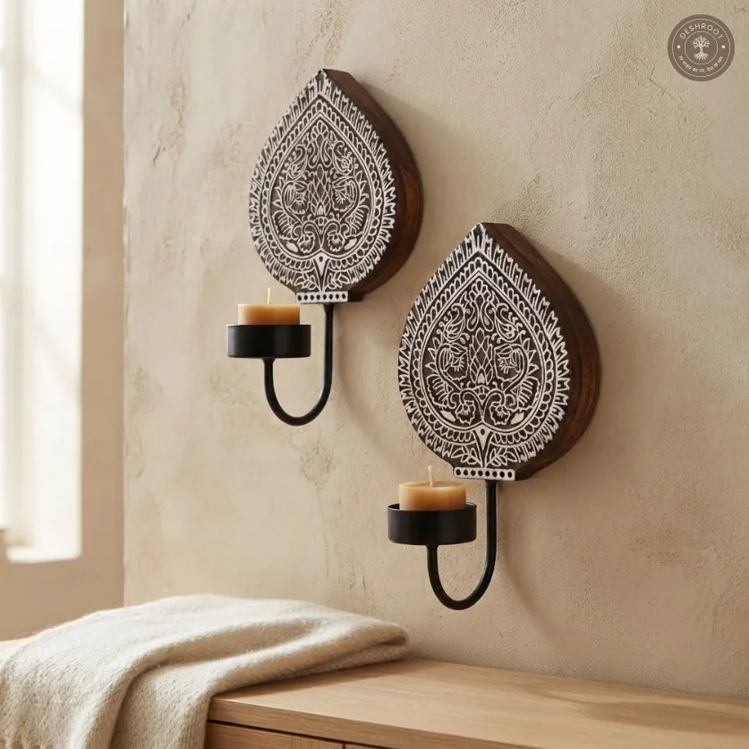 Block Wall Diya Pan Leaf Pair – Handcrafted Wooden Wall Décor