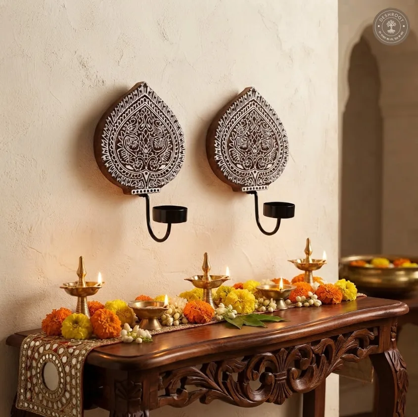 Block Wall Diya Pan Leaf Pair – Handcrafted Wooden Wall Décor