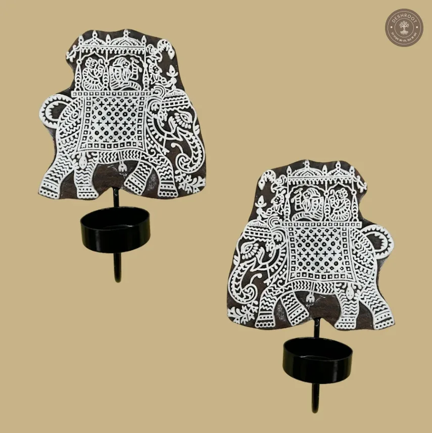 Wooden Elephant Wall Diya – Handcrafted Indian Wood Art with Tealight Holder