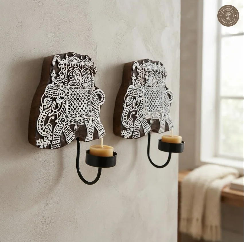 Wooden Elephant Wall Diya – Handcrafted Indian Wood Art with Tealight Holder