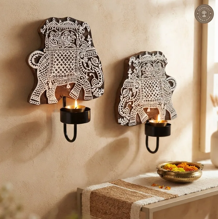 Wooden Elephant Wall Diya – Handcrafted Indian Wood Art with Tealight Holder