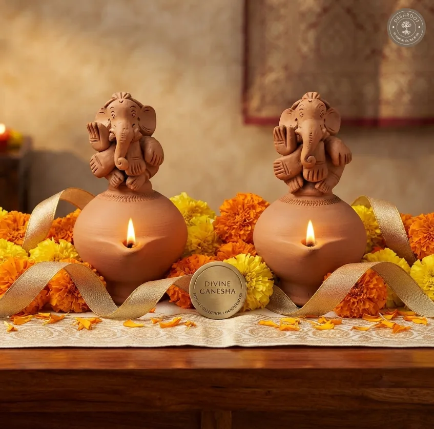 Terracotta Ganesh Magic Diya Set of 2 – Handcrafted Clay Diya & Spiritual Décor