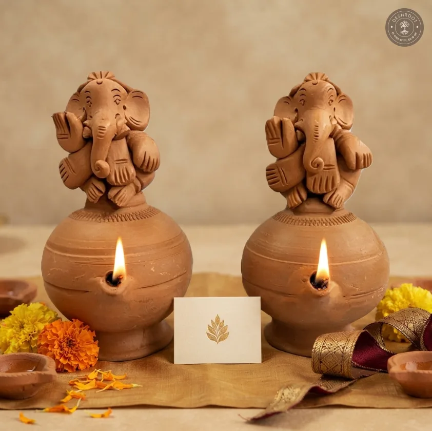 Terracotta Ganesh Magic Diya Set of 2 – Handcrafted Clay Diya & Spiritual Décor