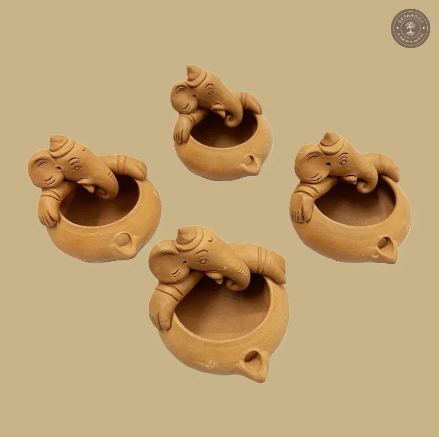 Terracotta Ganesh Diya Set of 4 – Handcrafted Clay Diya