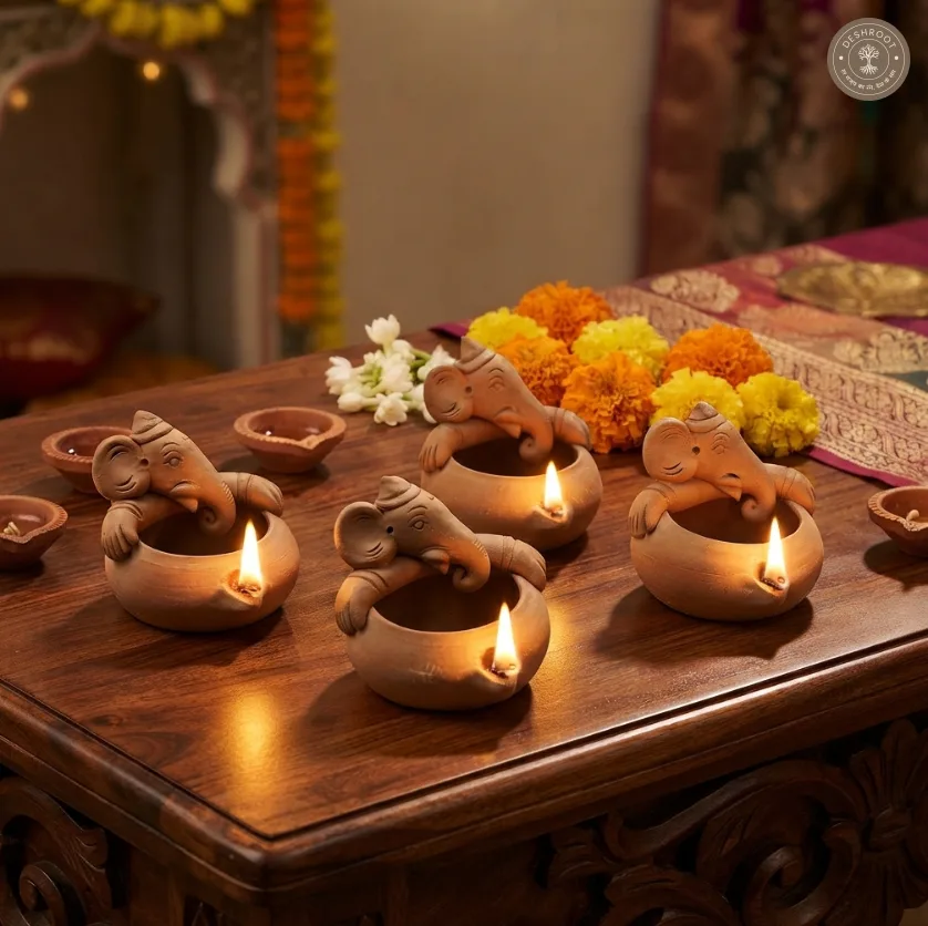 Terracotta Ganesh Diya Set of 4 – Handcrafted Clay Diya