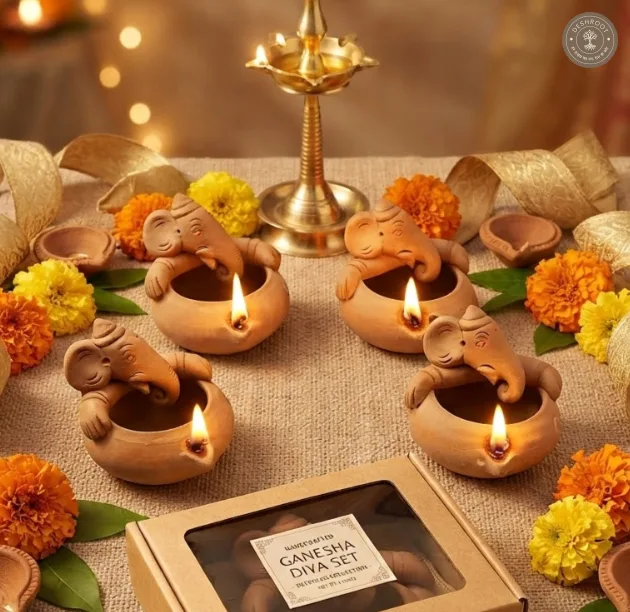 Terracotta Ganesh Diya Set of 4 – Handcrafted Clay Diya
